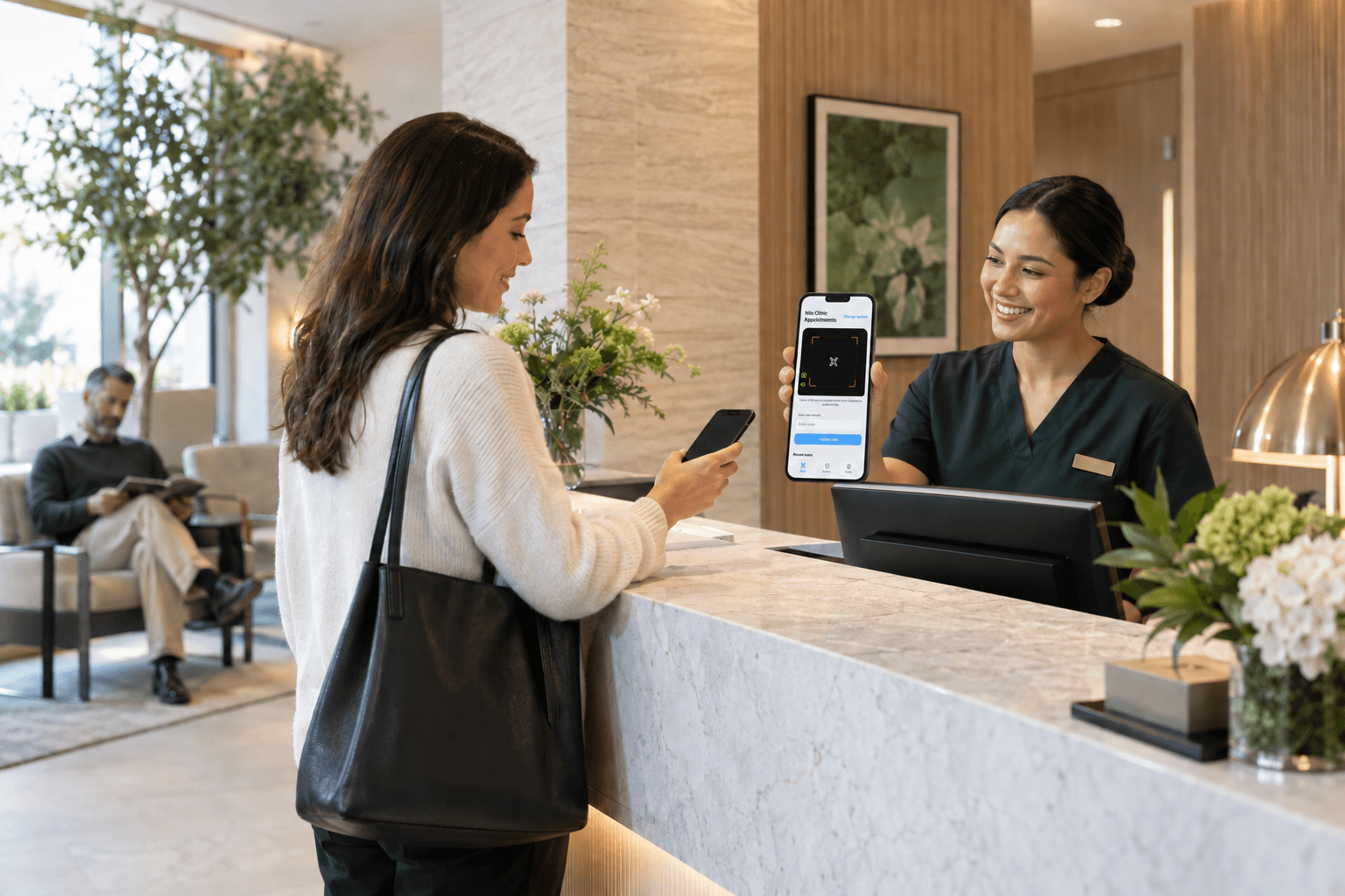A patient checking in at a modern clinic reception