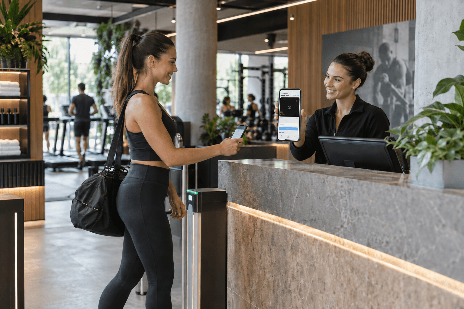 A gym member checking in with a digital membership pass