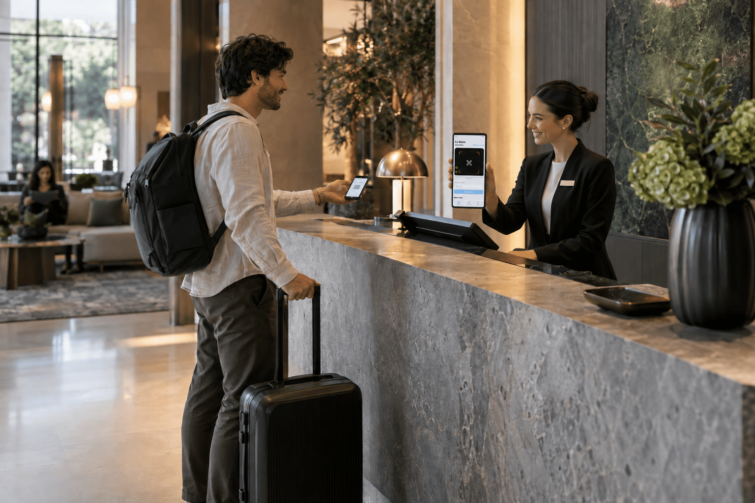 A hotel receptionist confirming a traveler's digital booking