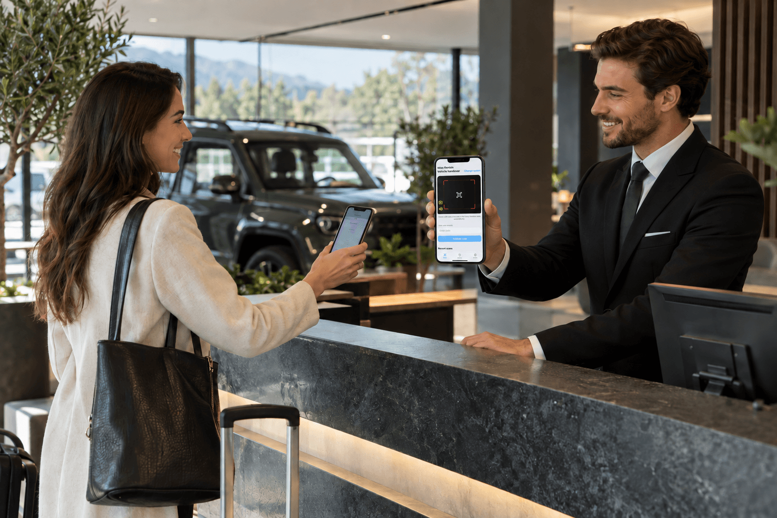 A rental customer confirming a booking before receiving a vehicle key