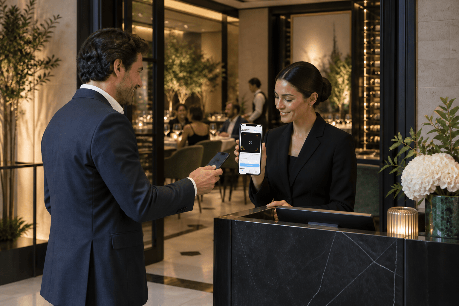 A restaurant host validating a guest's digital reservation