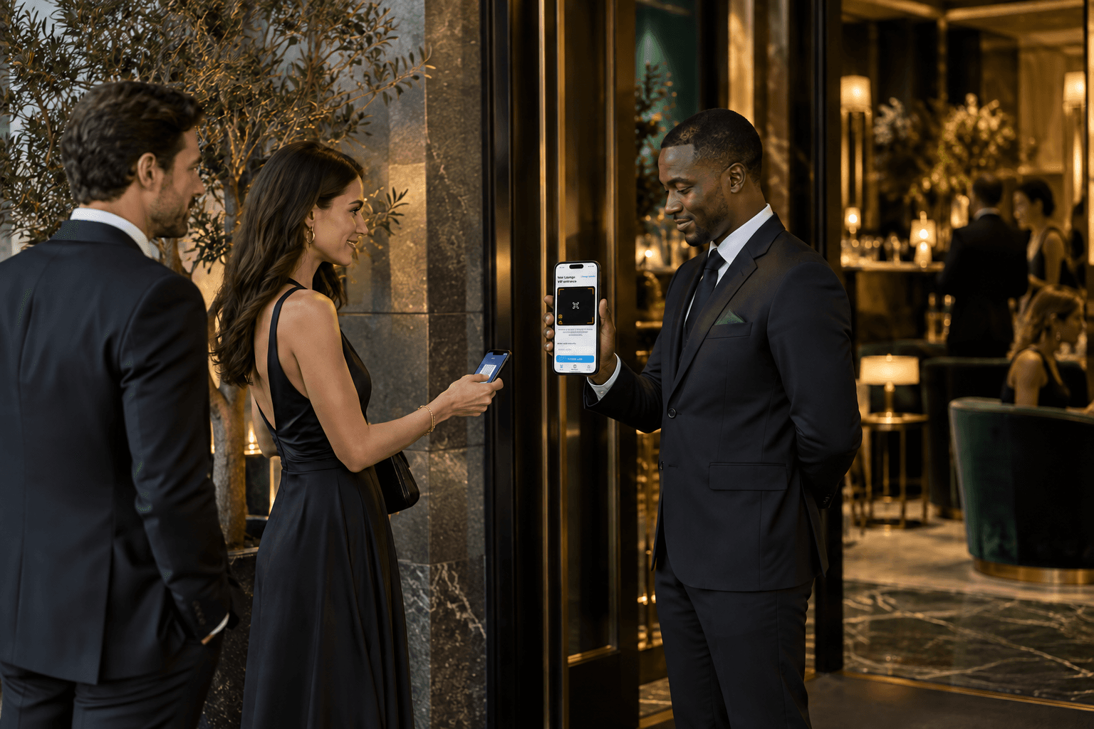 A guest presenting a digital pass at an exclusive lounge entrance